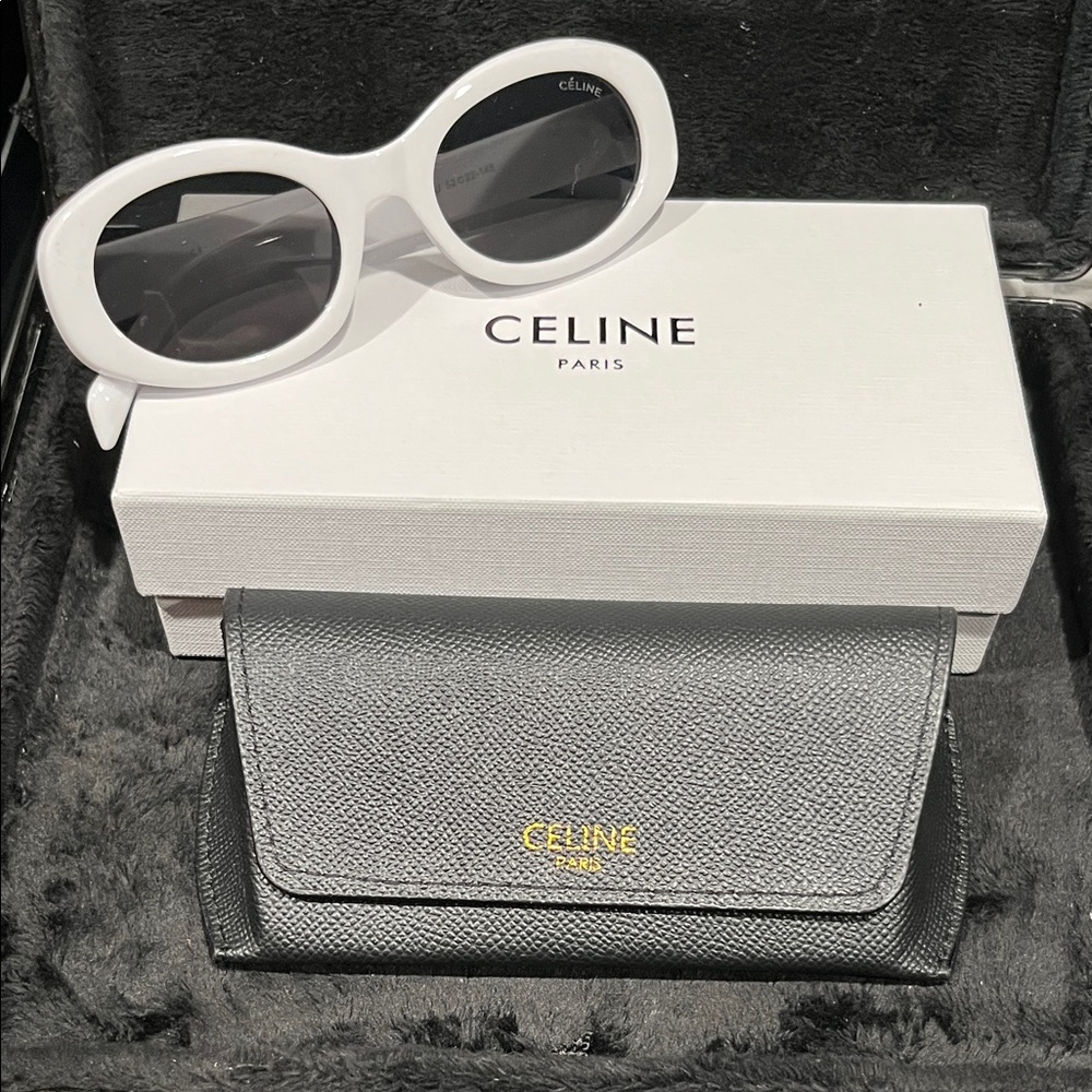 Celine White Oval Sunglasses with Black Leather Case and White Box